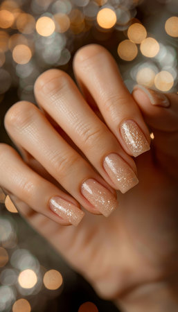 Neutral colors gel polish manicure on woman s square nails, with festive bokeh background close up.の素材