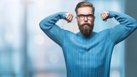 Young american man flexing biceps on blurred background with copy space, object on right sideの素材