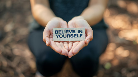 Believe in yourself sign held by woman on blurred background, motivational success conceptの素材