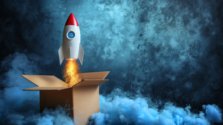 3d rocket launching from cardboard box on pastel color background, startup innovation conceptの素材