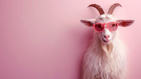 Stylish goat in sunglasses on pastel background with copy space for text placement.の素材