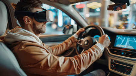 Man in vr driving simulator exam, learning drive with glasses in class, steering wheel controlの素材