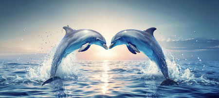 Graceful dolphins leaping in heart shape under tropical sun in crystal clear ocean watersの素材