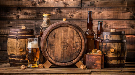 Rustic countryside barn showcases craft beer brewing in soft sunlight, perfect for local promotionの素材