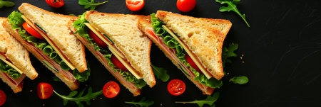 Savory ham, cheese, and tomato triangle sandwich on neutral background with space for textの素材