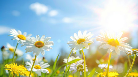 Tranquil spring meadow with white and pink daisies and golden dandelions under sunny sky.の素材