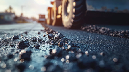 Asphalt paver laying fresh asphalt on new road for durability and smooth surfaceの素材