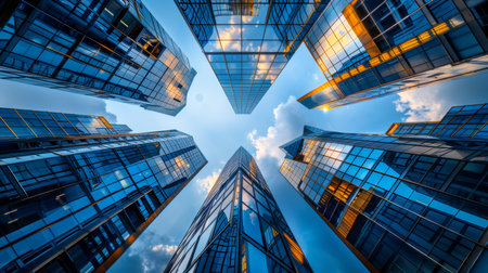 Glistening urban skyscrapers  contemporary office buildings set against a vivid blue skyの素材