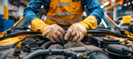 Experienced mechanic s expert hands repairing a vehicle in an automotive service workshopの素材
