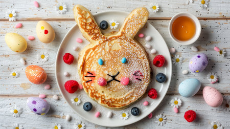 Easter bunny pancake breakfast with berries, honey, and pastel eggs on light wooden backgroundの素材