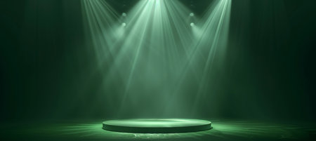 Green podium spotlight stage for product display, abstract scene on wall and floor backgroundの素材