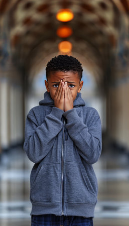 Boy with learning difficulties crying in school corridor, hands covering face, blurred background.の素材