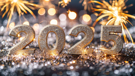 2025 new year holiday greeting card with 3d golden numbers, fireworks, and bokeh on dark backgroundの素材