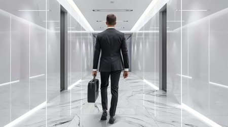 Executive in contemporary airport, elegant bag, minimalist design, polished surfacesの素材