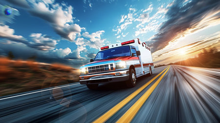 Emergency ambulance speeding with motion blur through a bustling urban cityscape landscape.の素材