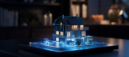 Futuristic smart home 3d model with solar panels, renewable energy concept on blurred background.の素材