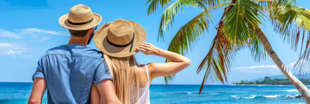 Serene young couple walking on white sandy beach in paradise with space for text placement.の素材