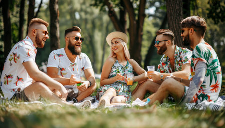Joyful young friends sitting on grass, sharing laughter and engaging in conversationの素材