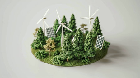Green energy and sustainable power concept with wind turbines, solar panels, and eco friendly tech.の素材