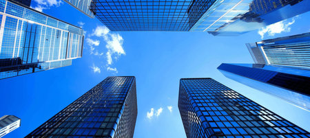 Gleaming modern skyscrapers of business offices set against a vivid clear blue skyの素材