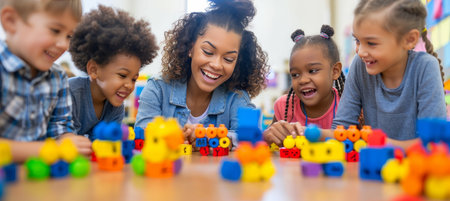 Preschool teacher leading educational play with vibrant wooden toys for childrenの素材
