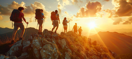 Sunset mountain hike  group explores trails, active tourism, nature exploration in summer, adventureの素材