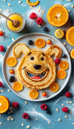 Children s breakfast  cute dog face pancake with berries and honey on white plate, bright backgroundの素材