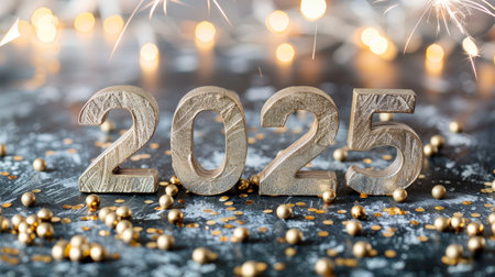 New year 2025 greeting card with 3d golden numbers on dark background, fireworks, and bokehの素材