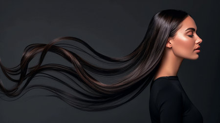 Stylish brunette woman with long flowing hair on dark background for hair care product adの素材