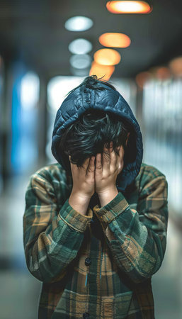 Teenager with learning difficulties crying in school corridor, blurred background with copy spaceの素材