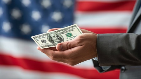 Close up of businessman s hands holding stack of dollar bills with blurred american flag backgroundの素材