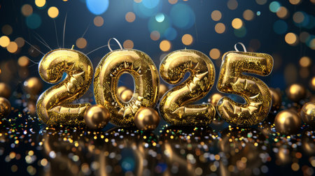 2025 new year greeting card with big golden numbers on dark background, fireworks, and golden bokehの素材