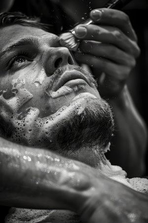 Barber s skilled hands crafting sharp beard line on young man in sophisticated monochrome shopの素材