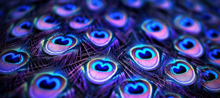 Close up photography showcasing vibrant peacock feathers as a stunning backgroundの素材
