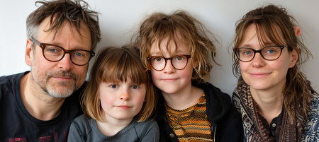 Cheerful family of four in casual attire smiling together   ideal for home and lifestyle adsの素材