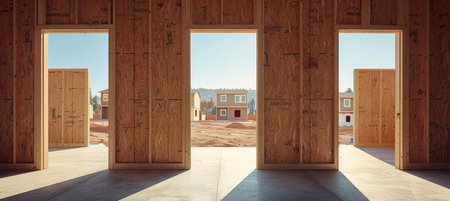Residential wood frame house construction with copy space under clear blue sky for text placementの素材
