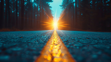 Serene forest road through lush landscape with trees, creating tranquil outdoor backgroundの素材