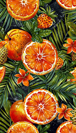 Tropical paradise sorbet  vibrant exotic fruit sorbet swirls with palm leaves and hibiscus flowersの素材