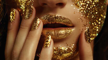 Golden makeup drips  metallic skin   lip gloss on beautiful model s lips, nails, and faceの素材