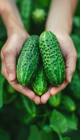 Fresh crisp cucumber held in hand, selection of cucumbers on blurred background with copy spaceの素材
