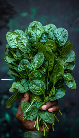 Fresh spinach leaves held in hand, selection on blurred background with text spaceの素材