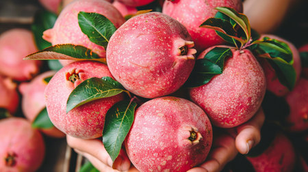Hand holding tropical guava, selective focus on blurred background with copy spaceの素材
