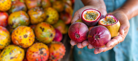 Passion fruit selection  hand holding fresh fruit on blurred background with copy spaceの素材