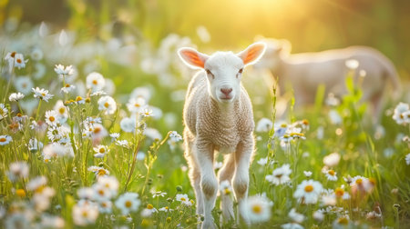 Serene farm animal scene  young lamb in sunny daisy field with ample copy space for text placementの素材