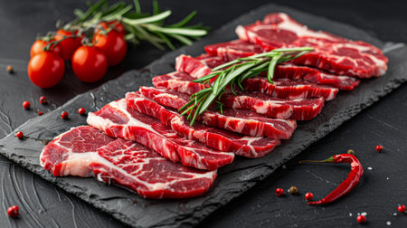 Assorted asian sliced wagyu beef for bbq, chinese, japanese, korean delicacy for grillingの素材