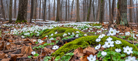 Tranquil spring forest landscape with mossy rocks and tiny flowers, ideal for text overlayの素材