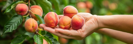 Hand holding fresh apricot with selection on blurred background, copy space availableの素材