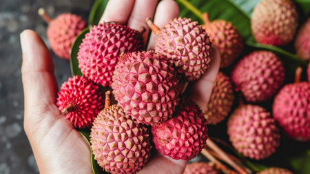 Fresh lychee selection with copy space, hand holding ripe lychee on blurred backgroundの素材