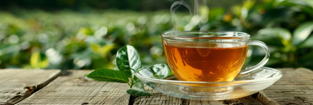 Green tea cup with mountain field background, serene scene with ample space for text placementの素材