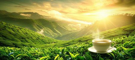 Green tea cup with mountainous field plantation backdrop and ample space for text placementの素材